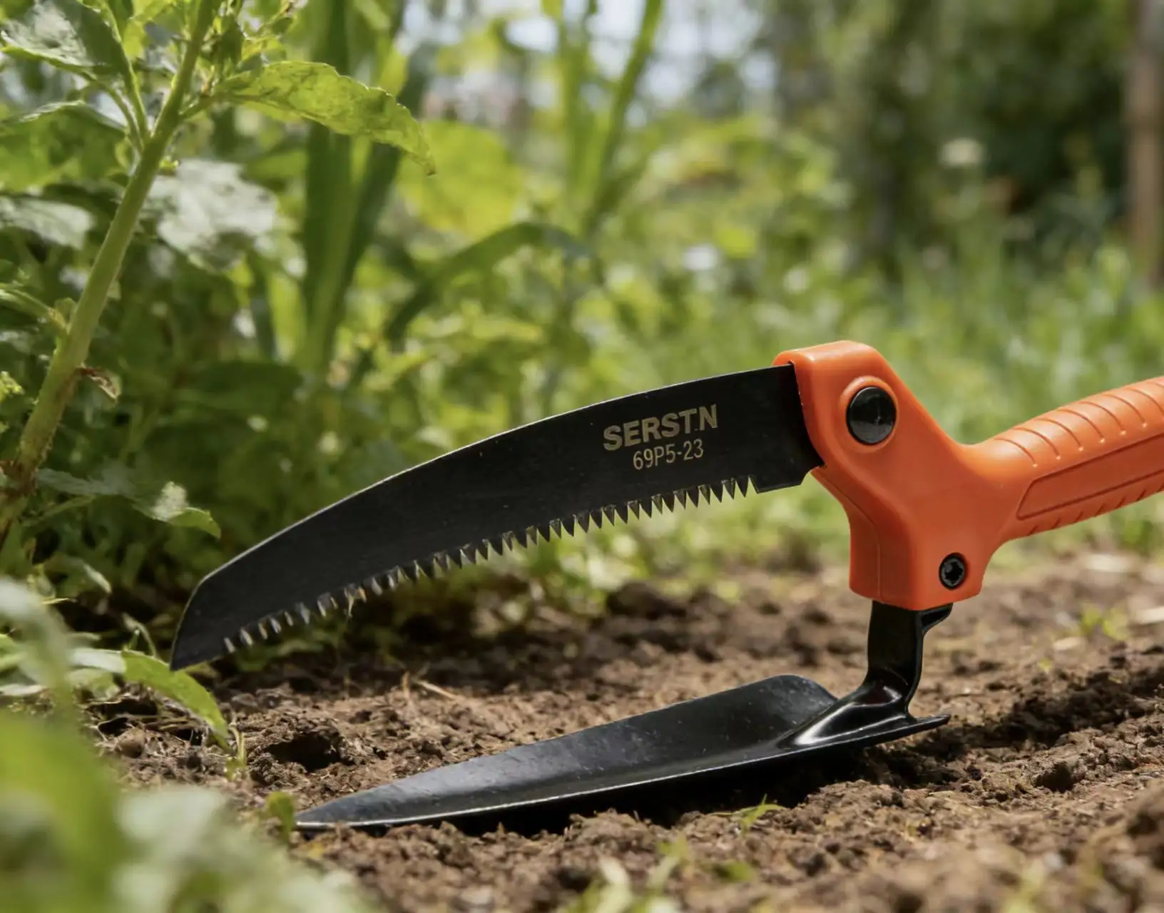 A crescent-shaped weeder with tooth-like design that can cut deep into the soil, using the lever principle to pry out and remove the main root of the entire plant.