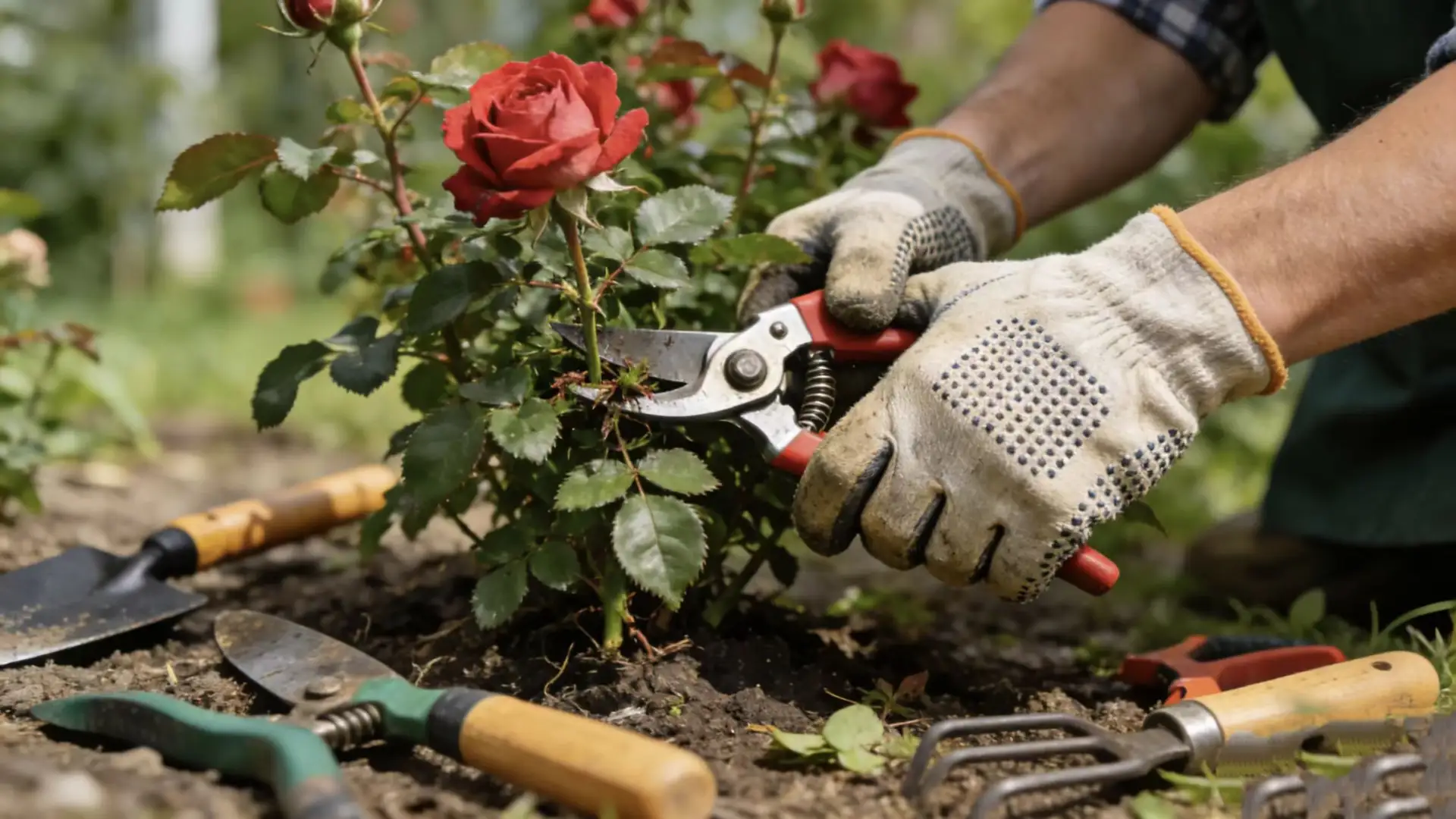 long-handled garden tools beside a flower and vegetable bed