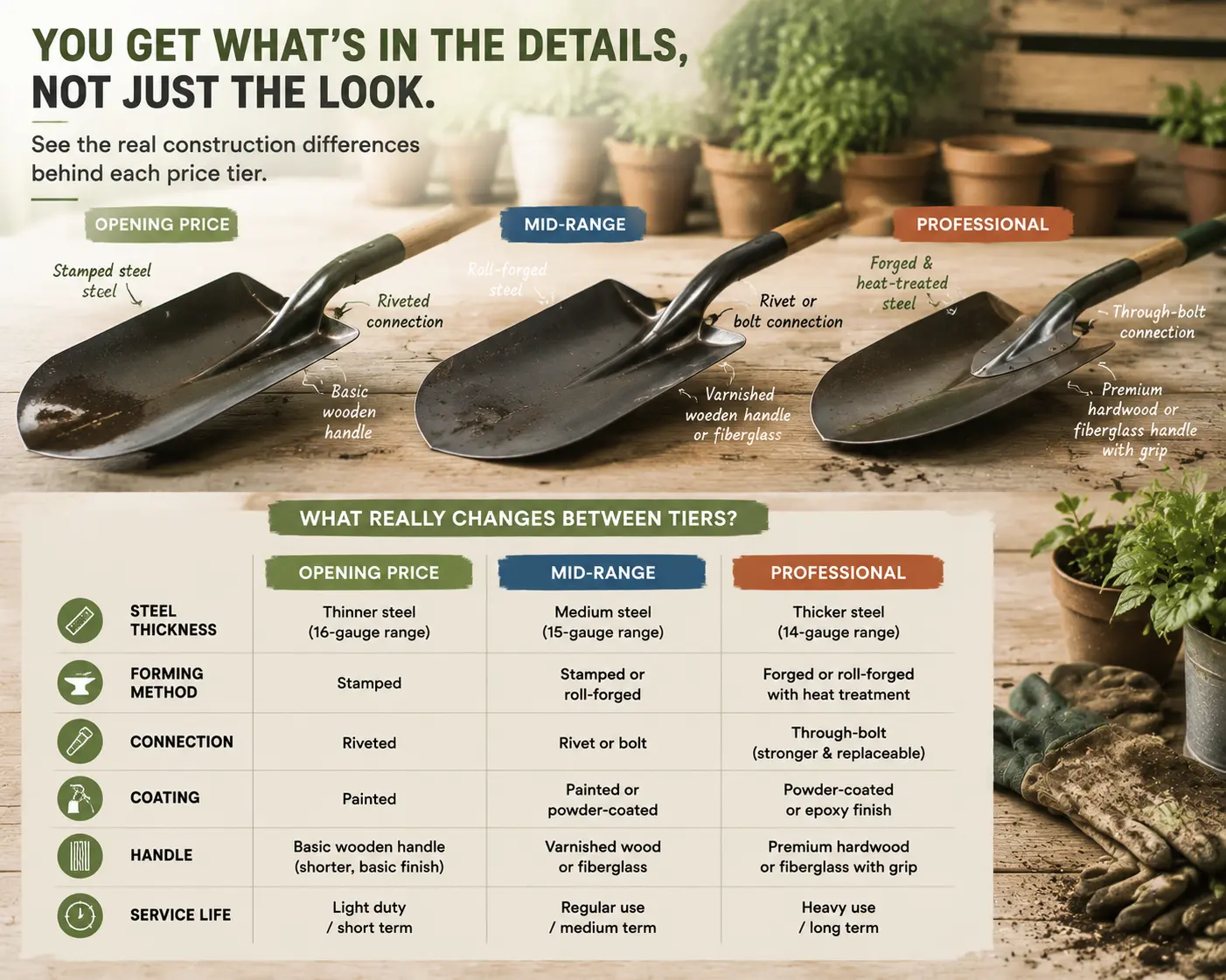22302 Opening Price vs. Mid-Range vs. Professional Garden Tools | Scarecrow Garden Supplier