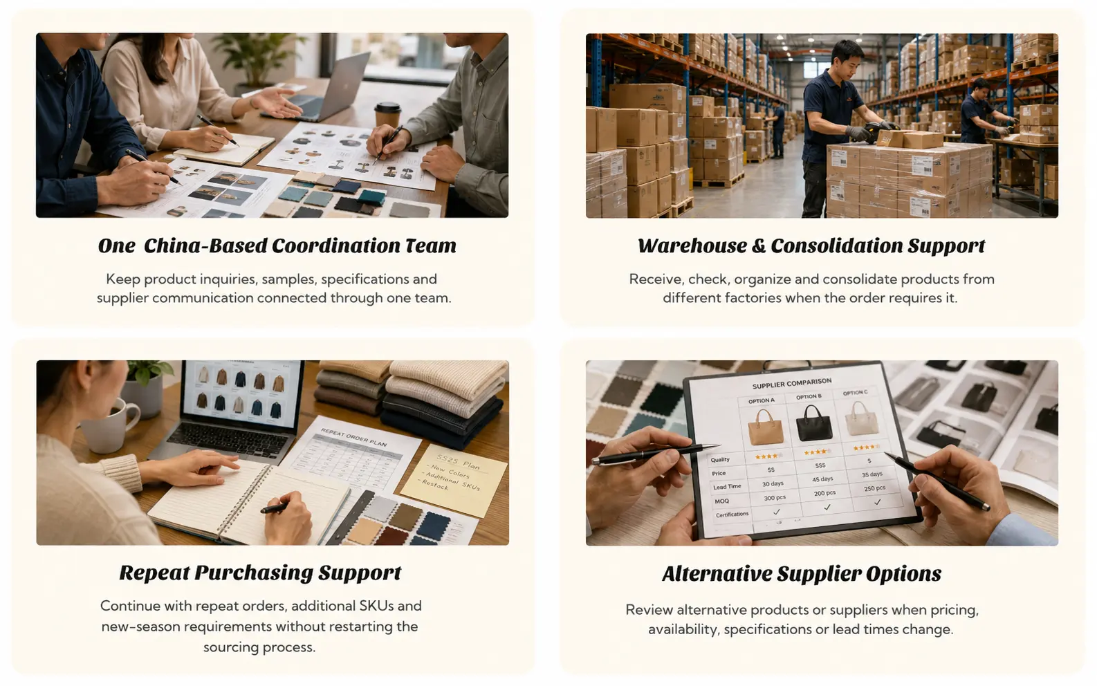 Garden product sourcing support including China-based coordination, warehouse consolidation, repeat purchasing and alternative supplier options