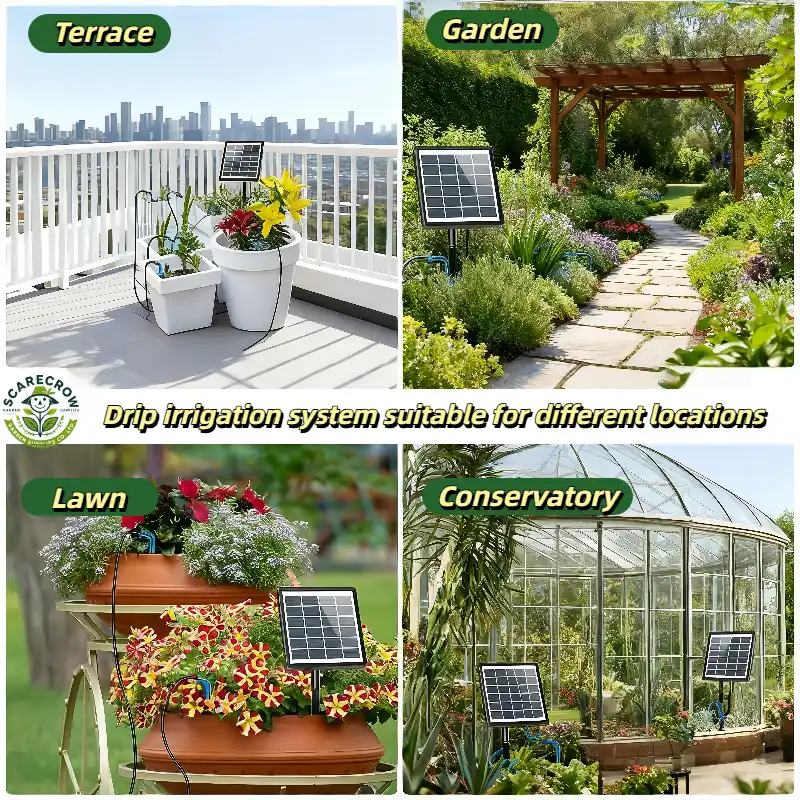 Solar Drip Irrigation System for Multiple Locations Solar powered drip irrigation system suitable for terrace, garden, lawn and conservatory automatic plant watering